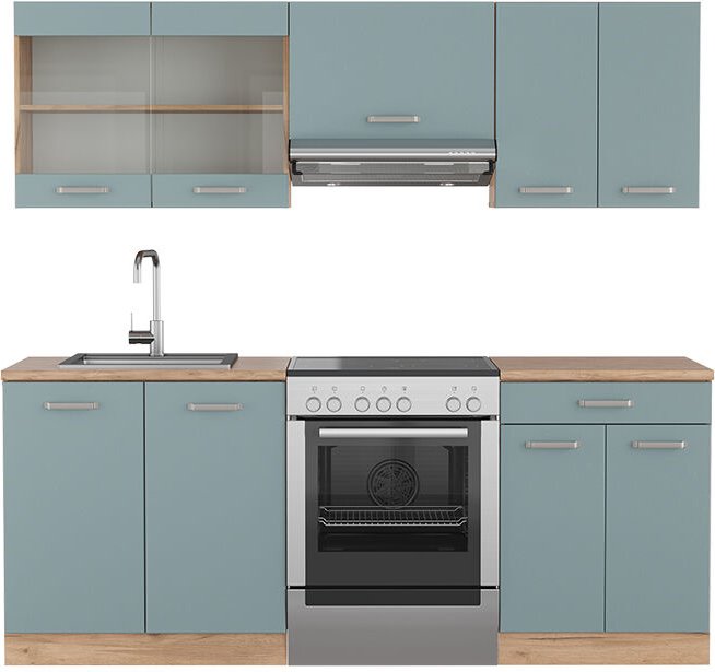 Küchenzeile R-Line, Blau-Grau/Goldkraft Eiche, 200 cm , AP Eiche, Vicco