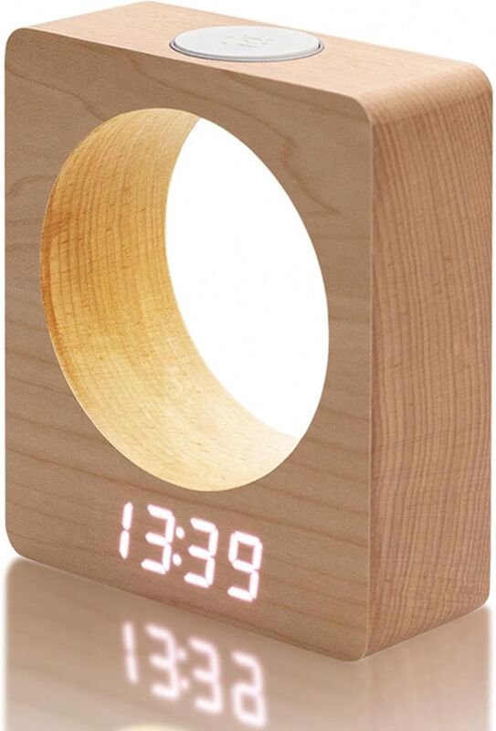 Lautloser Wecker aus Holz – 3 Weckzeiten, Netzbetrieb, einstellbare LED-Anzeige, Temperatur-/Kalenderanzeige