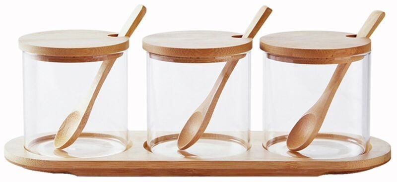Set aus 3 durchsichtigen Vorratsgläsern mit Holzfuß / luftdichten Gläsern mit Bambusdeckeln und Löffeln. Durchsichtige V...