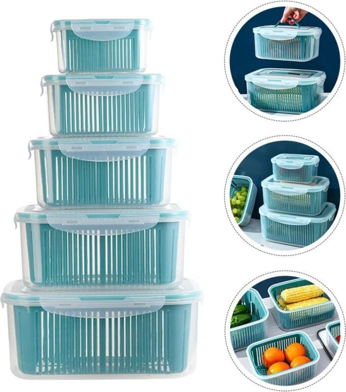 5er-Set Kühlschrank-Aufbewahrungsboxen, mikrowellen- und spülmaschinenfeste Frischhaltebehälter mit Sieb, Aufbewahrungsb...