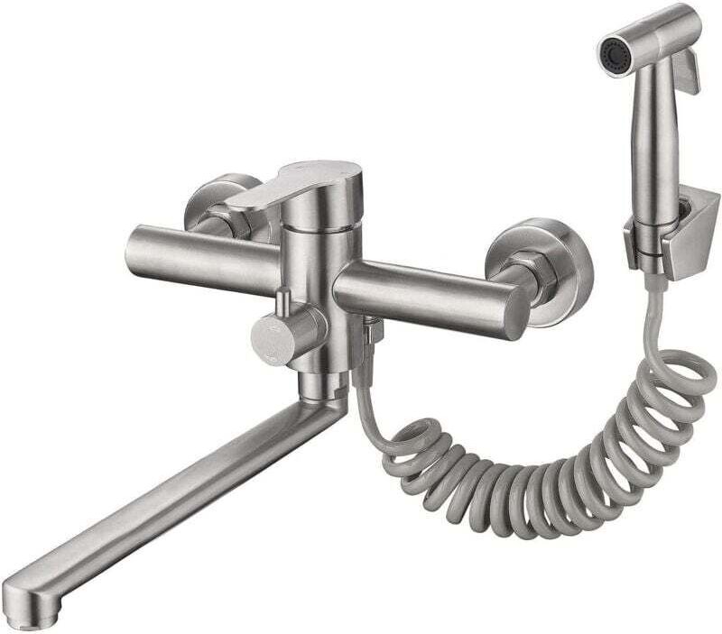 Ulisem Küchenarmatur zur Wandmontage aus gebürstetem Nickel mit seitlicher Brause – Einhebelmischer für Spülbecken in Ha...