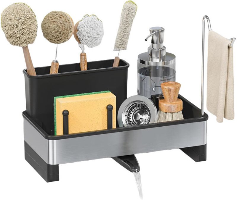 Großer Spülbecken-Schwammhalter mit automatischer Abtropfschale, Edelstahl-Spülbecken-Organizer mit abnehmbarem Bürsten-...