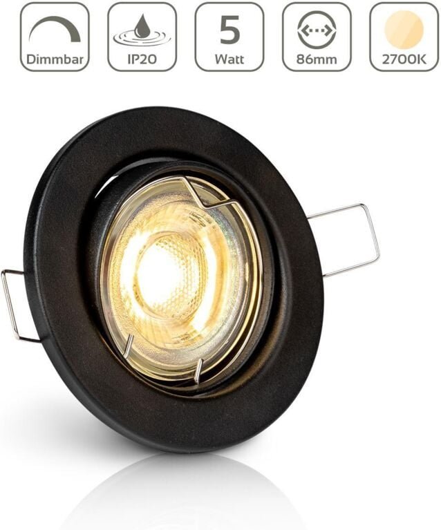 Einbauspot IP20 rund schwenkbar Sprengring - Farbe: Schwarz - LED Leuchtmittel: GU10 5W warmweiß dimmbar