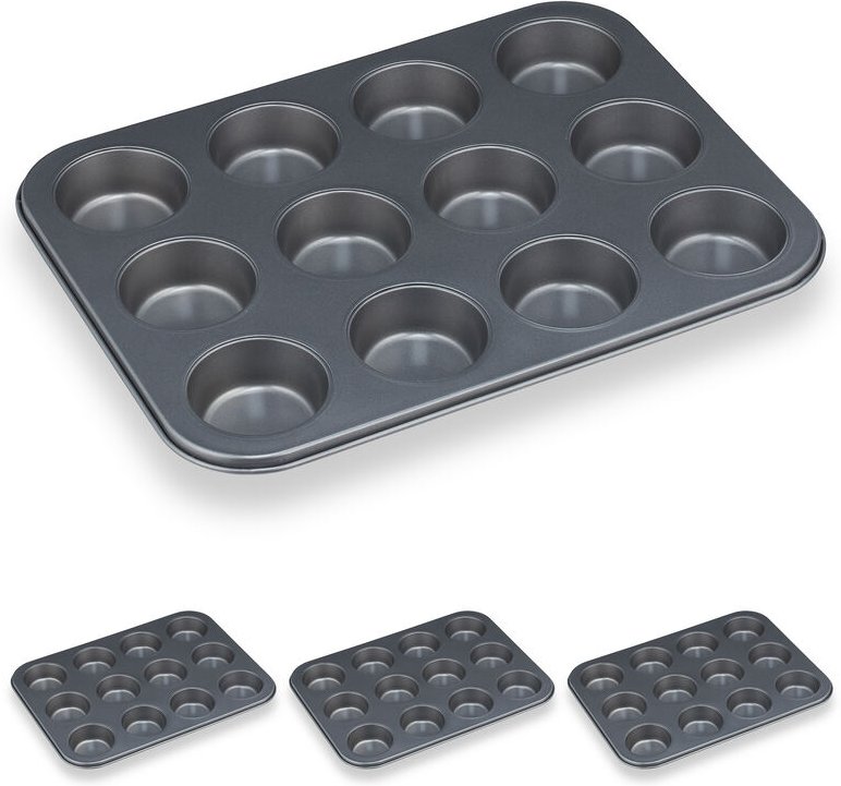 4 x Muffinform, 12er Muffinbleche, Cupcakeblech antihaftbeschichtet, Carbonstahl, Muffins & Cupcakes, Ø 6,5 cm, grau