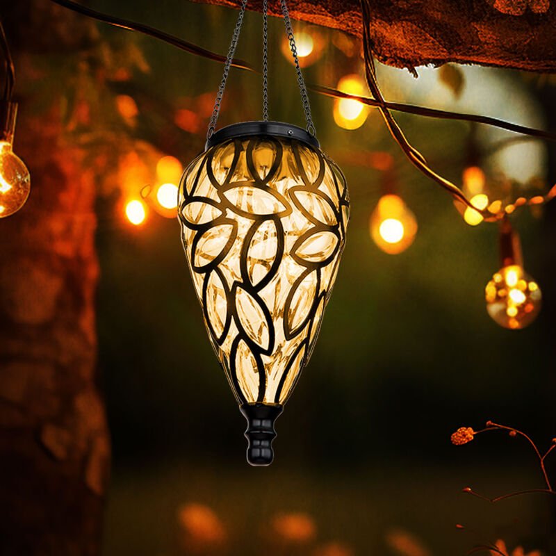 Hängeleuchte Solarlampe Gartendeko Außenlampe hängend led Solarleuchte, im Tropfen Design, Metall schwarz, Kunststoff kl...