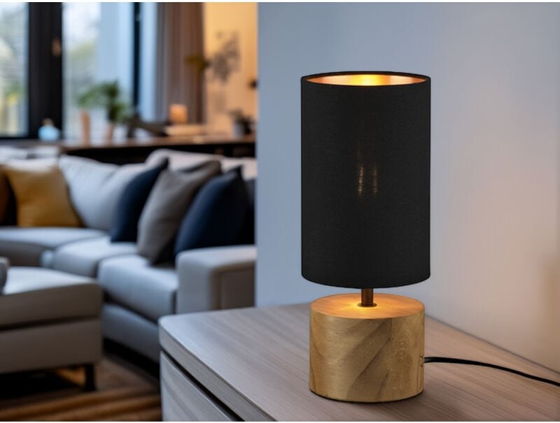Meinewunschleuchte - led Tischleuchte mit Holzfuß & Stoffschirm Schwarz Gold, Höhe 30cm