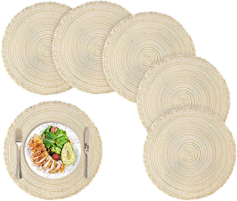 Set mit 6 runden, gewebten Platzsets, hitzebeständig, geflochten, rutschfest, waschbar und für den Innen- und Außenberei...