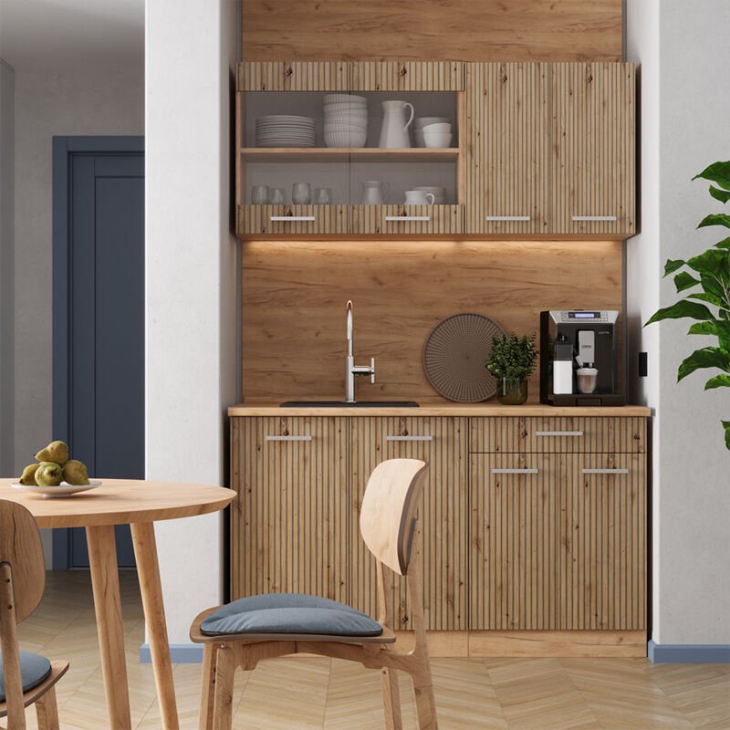 Vicco - Singleküche R-Line, Artisan-Eiche/Goldkraft Eiche, 140 cm , ap Marmor