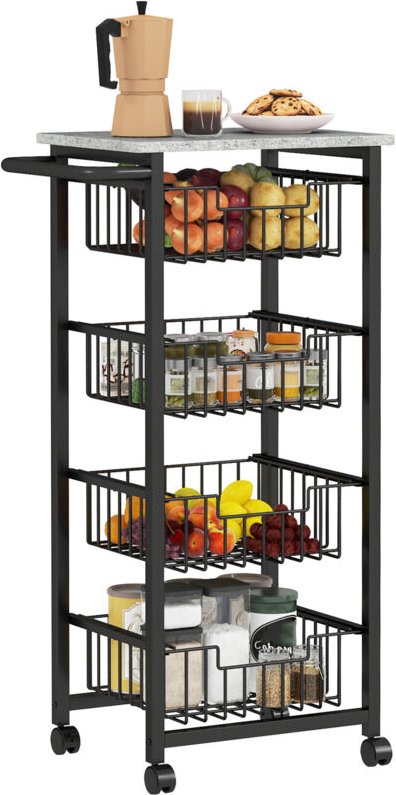 4-stufige Küchenwagen auf Rädern, Rollbarer Servierwagen, Küchen-Trolley mit 4 Stahlkörben, Servierwagen