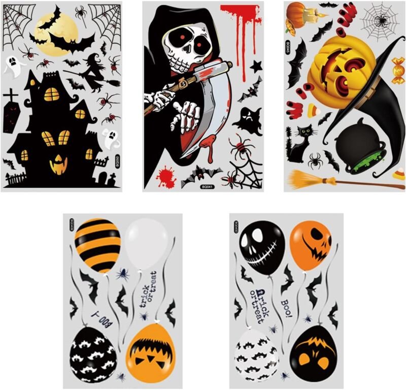 5 Stück Halloween-Fensteraufkleber, Reaper Castle, Kürbis, Fledermaus, Luftballons, Halloween-Party-Dekorationen, Fenste...