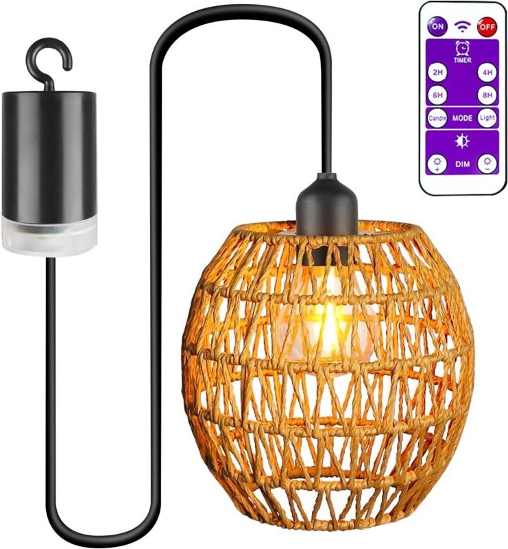 Kabellose Rattan-Pendelleuchte mit Batterie und Fernbedienung – Timer – Balkon/Terrasse/Schlafzimmer