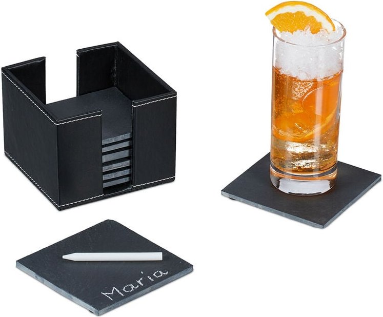 Relaxdays - Schiefer Untersetzer 8er Set, Kunstleder-Box, Getränkeuntersetzer, 10x10 cm, Schieferplatte Gläser, anthrazi...