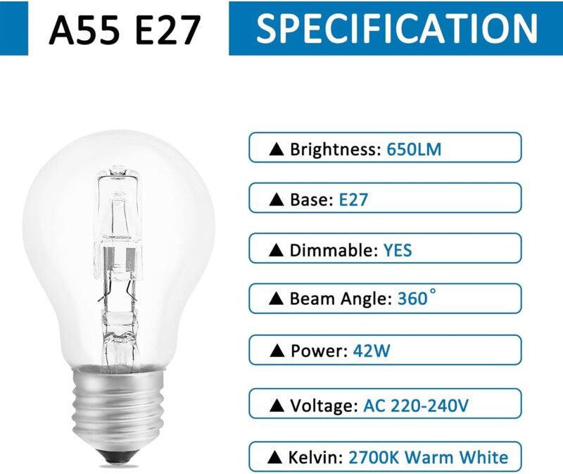 Aougo - Halogenlampe E27 A55 42W dimmbar, AC220-240V, 650LM Warmweiß 2700K, transparente E27-Halogen-Kugellampe für Deck...