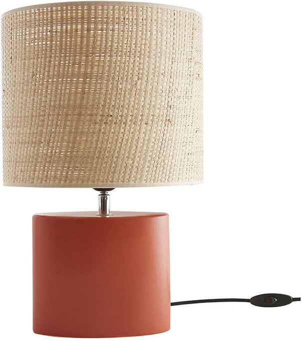 Tischleuchte aus Keramik in Terracotta mit Lampenschirm aus naturfarbenem Bast H40 cm tiga