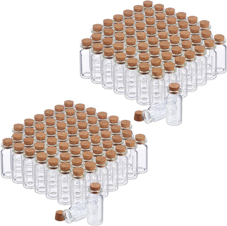 120 x Glasfläschchen mit Korken, Mini Fläschchen für Öl, Gewürze, Kräuter, Sand, 10 ml, Deko Fäschchen, transparent