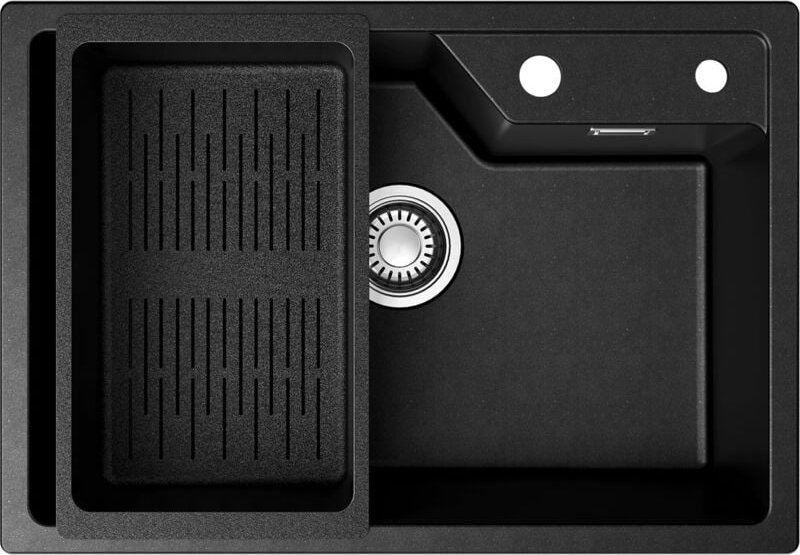 Granitspüle 65 x 45 cm, Küchenspüle Granit, Aufsatzspüle für die Küche, mit Siphon Ab- und Überlaufgarnitur, Anthrazit -...