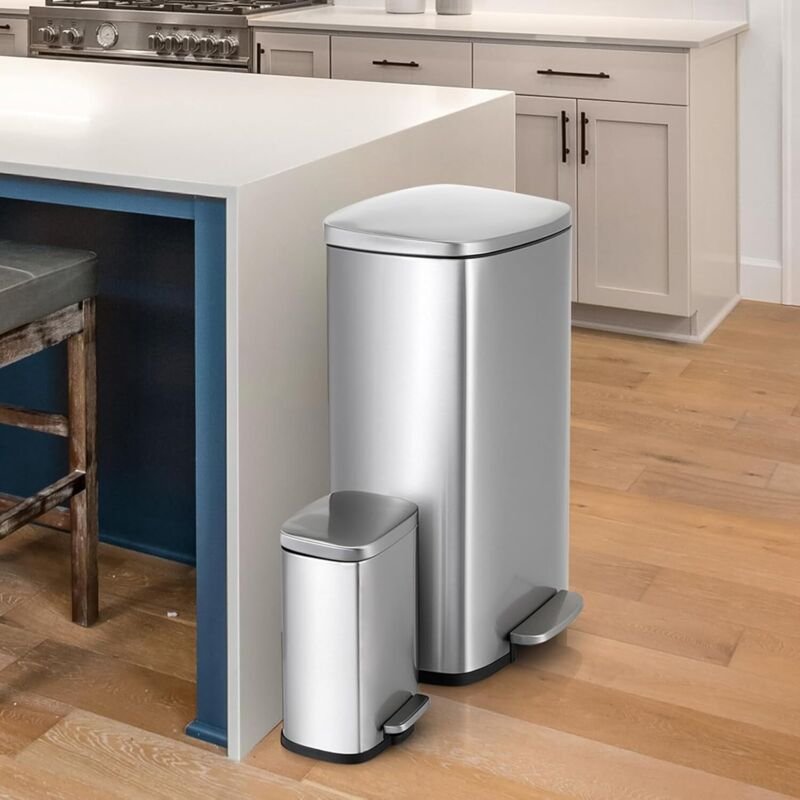 Küchenabfalleimer 50 Liter + 5 Liter, Treteimer mit geräuschlosem Deckel, Inneneimer, Metallstahleimer, Silber