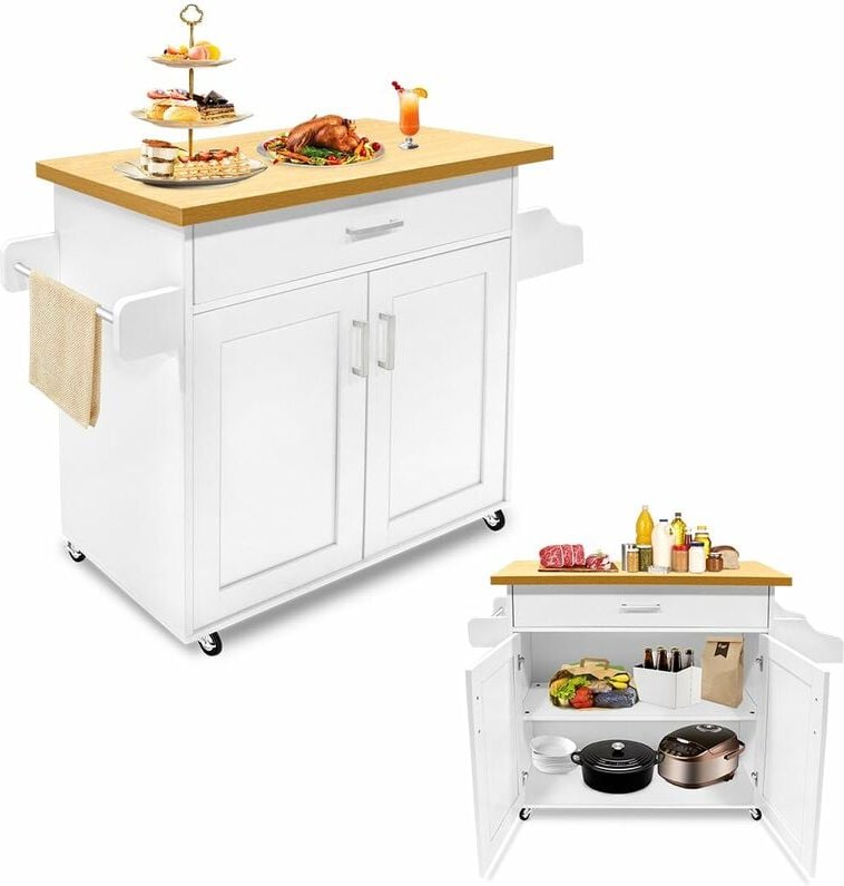 Küchenschrank mit Arbeitsplatte & Rollen & Schubladen Küchenwagen Abschließbar Servierwagen inkl. Handtuchhalter & Gewür...