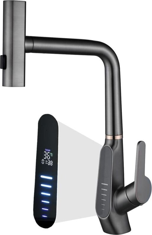 Wasserfall-Küchenspüle-Mischbatterie mit herausziehbarer Brause, 3-Modus-Küchenspüle-Wasserhahn, 360°-Drehung, Digitalan...