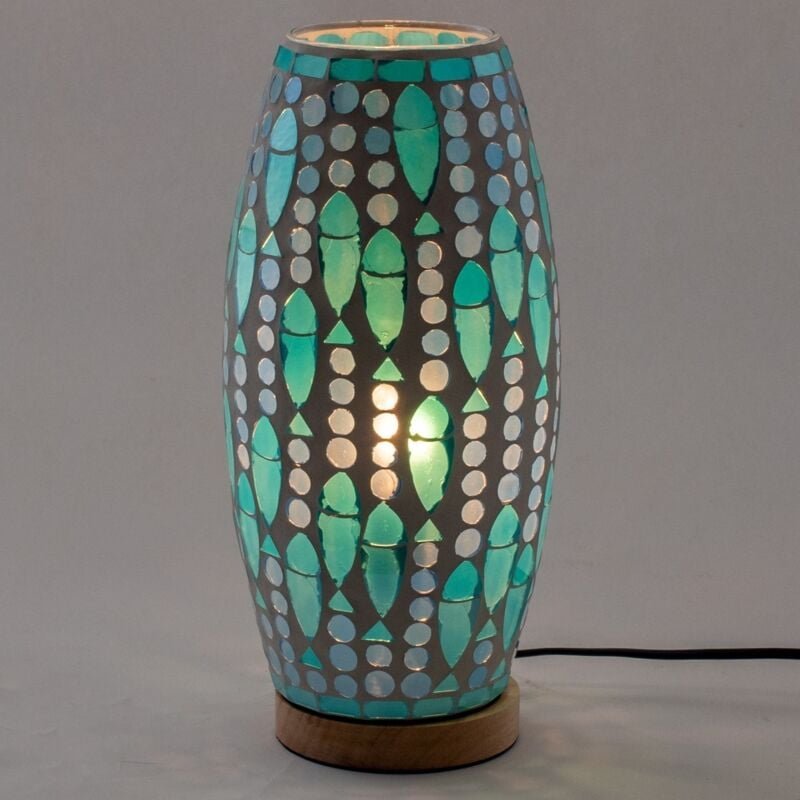 Mosaik-Tischlampe im indischen Stil in Grün mit Glas und Holz