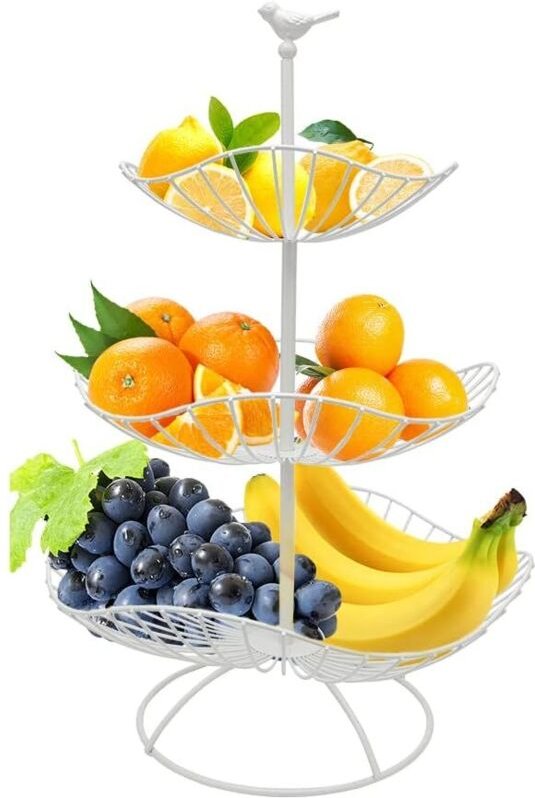 Dreistöckiges Obstregal für zusätzliche Ablagefläche, weiß, Metall, mit 3 Aufbewahrungsbehältern, Maße: 31 cm, 25 cm, 20...