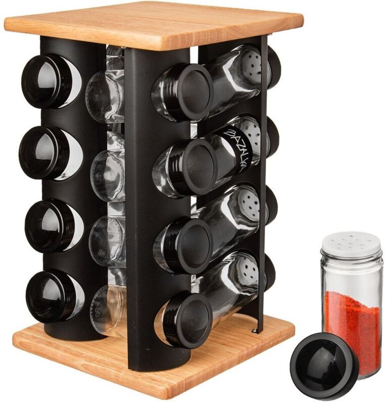 Gewürzregal mit Behältern, drehbar, SCHWARZ, 16-tlg.