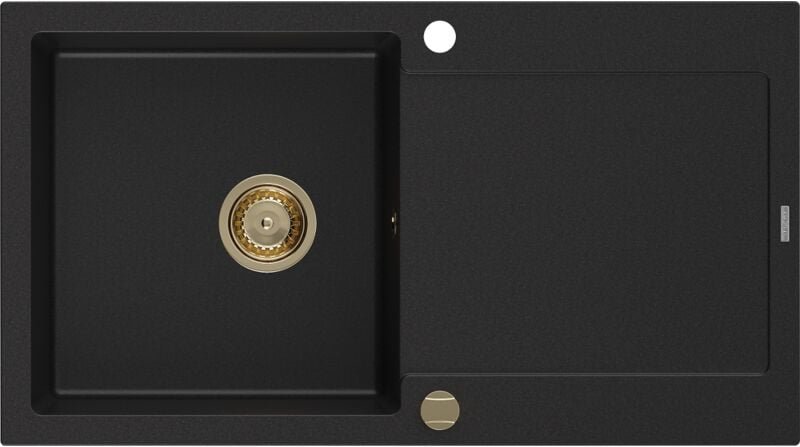 Mexen Leo Granitspüle mit einem Becken und einer Abtropffläche 900 x 500 mm, Schwarz, Siphon Gold -
