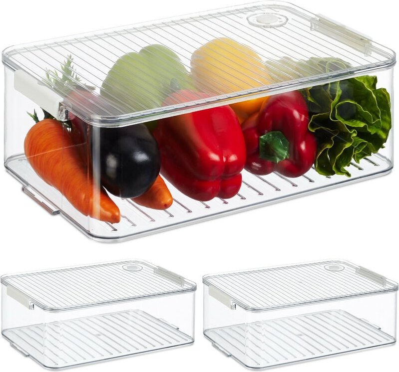 Relaxdays - Kühlschrank Organizer, 3er Set, Kühlschrankeinsätze mit Deckel & Datum, HxBxT: 10,5 x 21 x 33 cm, transparen...