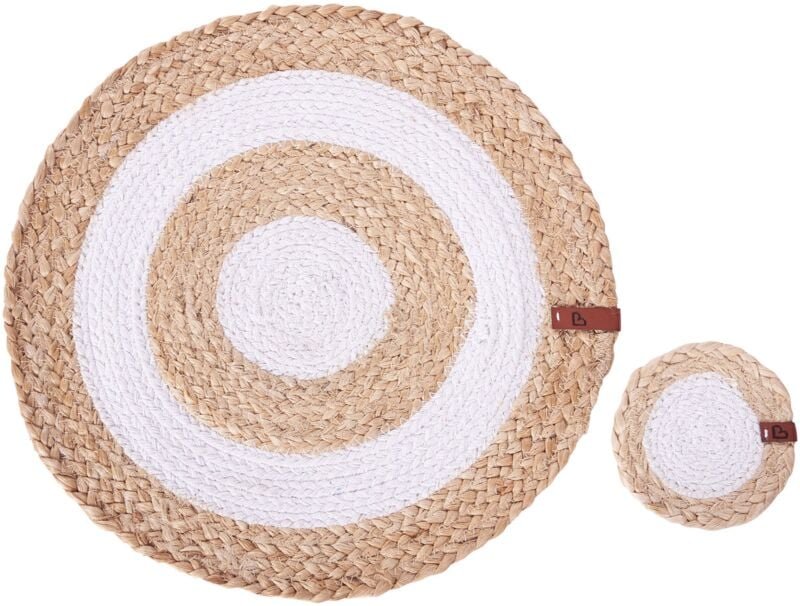 Beliani - 6 Personen Tischset mit Untersetzern Naturfarben / Weiß Jute u. Baumwolle Geflochten Rund ⌀ 35 cm 12-Teilig Ha...