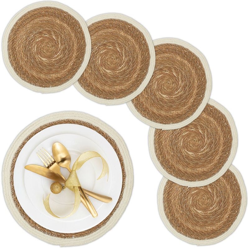 Relaxdays - Tischset, 6er Set, geflochtenes Design, Wasserhyazinthe, rundes Platzset, ø 36 cm, Teller, Deko, natur/weiß