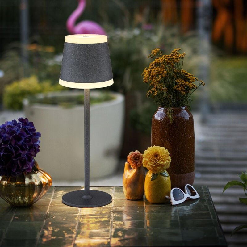 Thumbnail - Led Außen Tischlampe Akku Tischleuchte Tischlampe kabellos mit Touchdimmer, IP54 Wetterfest dimmbar, Metall grau opal, 1...