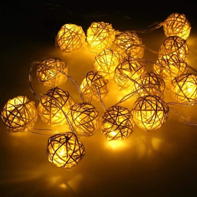 Osqi - Rattan-Kugel-LED-Lichterkette, 20 LED-Kugel-Deko-Lichter, 5 cm Durchmesser, Rattan-Lichter für Hochzeiten im Inne...