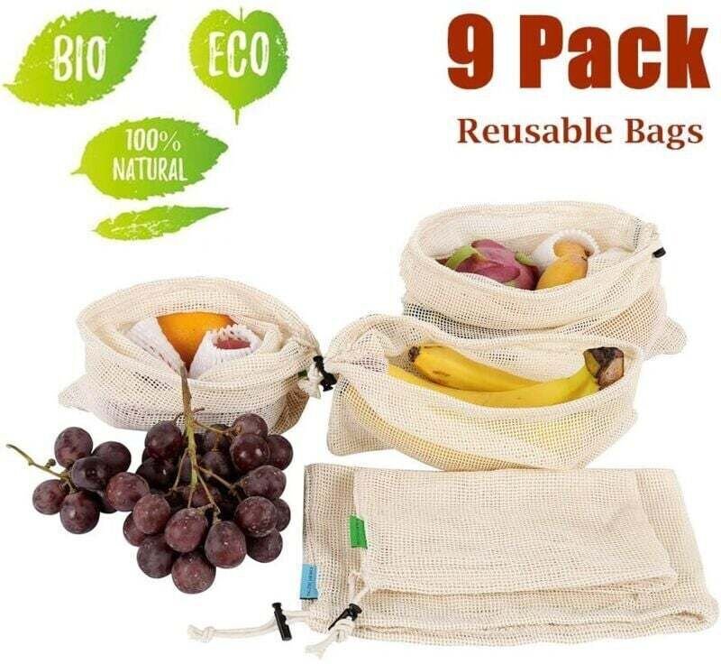 Set mit 9 Baumwollbeuteln - Baumwoll-Gemüsebeutel - Wiederverwendbare Obst- und Gemüsebeutel - Bio-Baumwollbeutel - Wied...