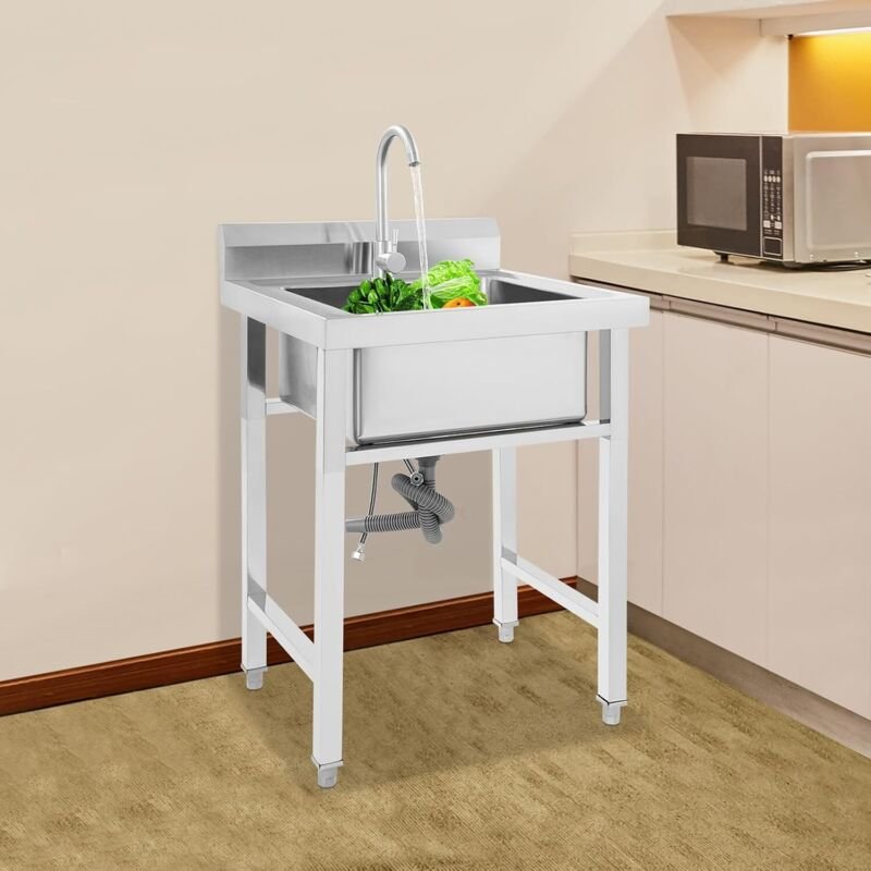 Gastro Spülbecken Edelstahl 60x60x80 cm, Freistehend Küchenspüle mit 360° Wasserhahn und Rückwand, Groß Spültisch Waschb...