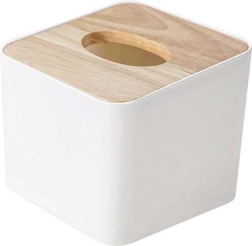 Taschentuchbox aus Holz, 10,5 x 10,5 x 9,5 cm, Gummi + pp, quadratisch, für Esszimmer, Büro, Auto, Badezimmer (weiß) - L...