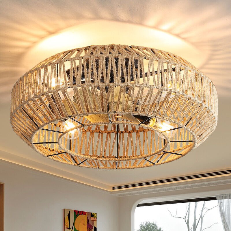 Sofucor Ventilateur de Plafond Cage Boho - 6 Vitesses - Moteur Courant Continu Réversible - 56cm