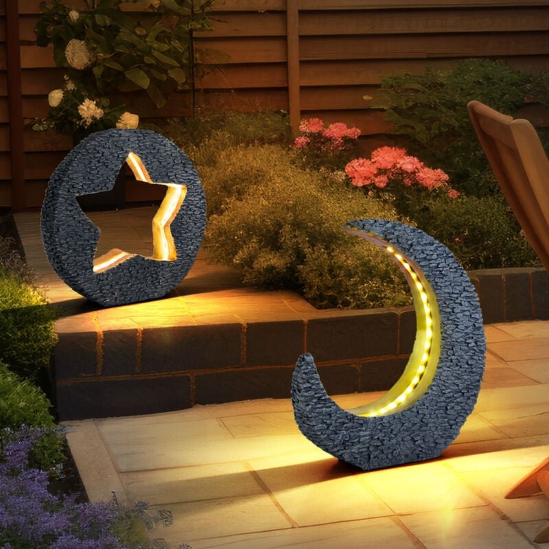 Led Solarleuchte Mond Außenleuchte Garten Solarlampe Stern Gartenlampe, IP44 Akku, Steinoptik grau Akzent goldfarben, 2e...