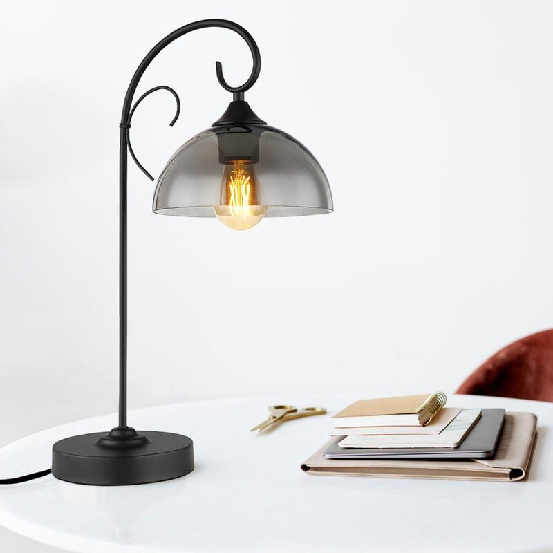 Thumbnail - Tischlampe rauch Nachttisch Lampe Tischleuchte Glas rauchig Schlafzimmer, Metall schwarz, 1x E27 Fassung, LxBxH 33,5x20x...