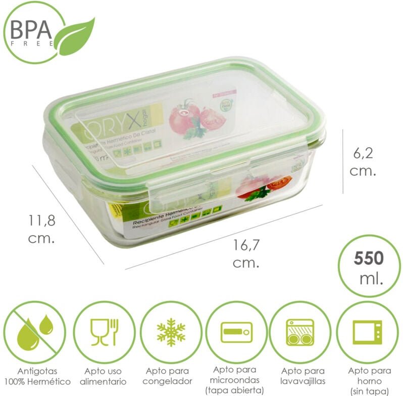Recipiente Hermetico Cristal Rectangular 550 ml. 16.7x11.8x6.2 (alt) cm.