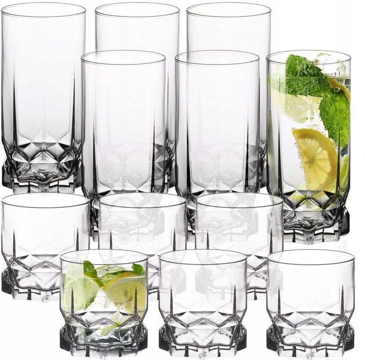 Kadax - Trinkgläser aus hochwertigem Glas, 12 Stück, 6x325ml hoch+6x325ml niedrig