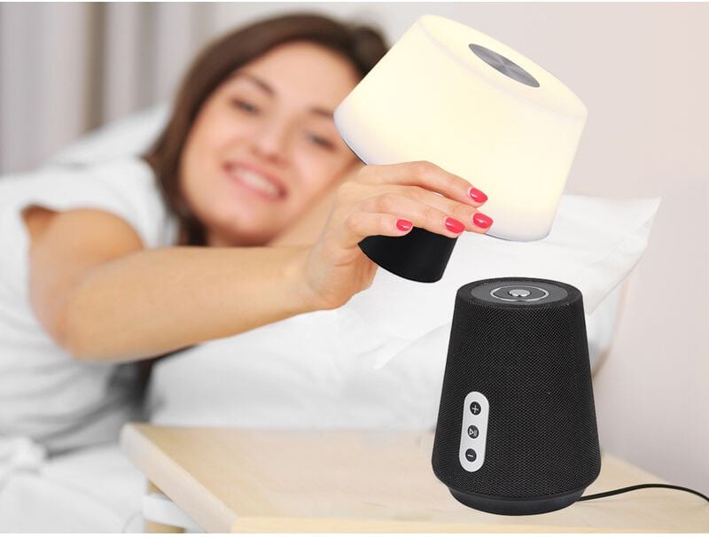 Meinewunschleuchte - led Tischleuchte linde mit Lautsprecher – mobile Akku Lampe, Höhe 28cm