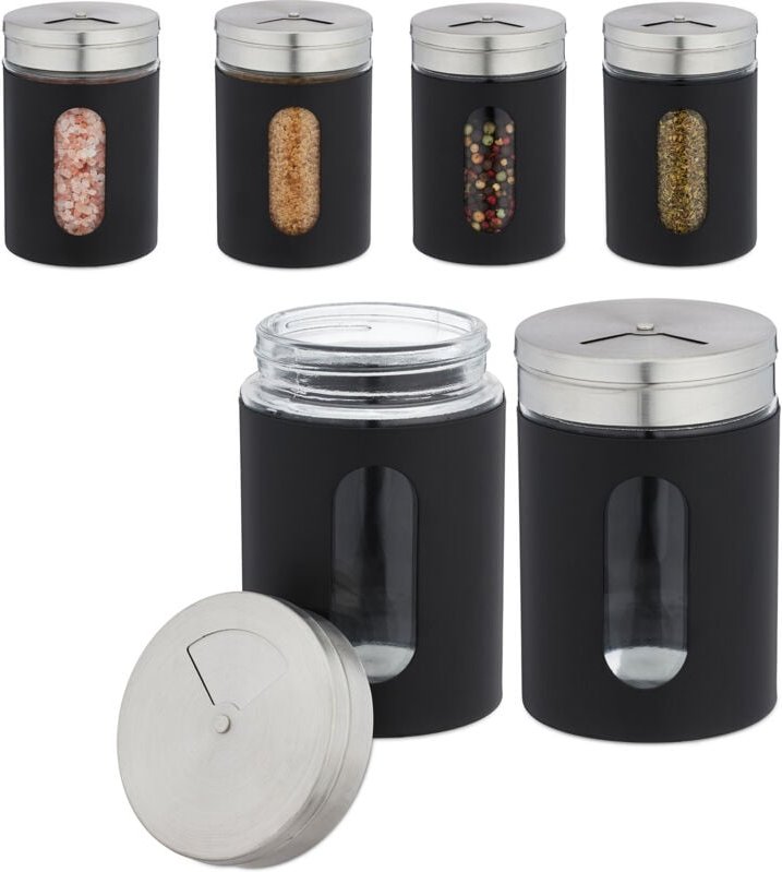 12 x Gewürzstreuer, 3 Streugrößen, Gewürze & Kräuter, XL Gewürzgläser, 290 ml, Glas & Edelstahl, schwarz, im Set