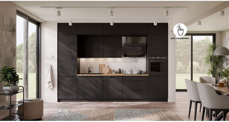 Küche ARIA K-BL - NAGU 340 cm Anti Fingerprint Küchenzeile Küchenblock Singleküche EinbaukücheBLACK - AFM