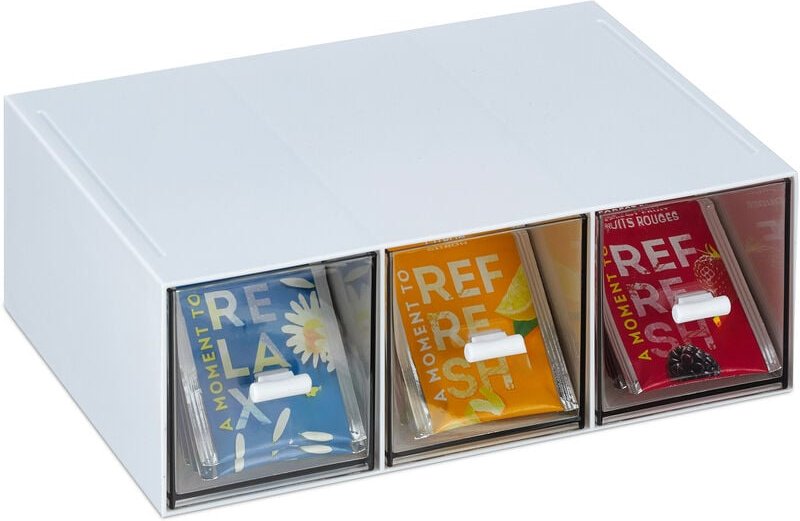 Relaxdays - Tee Organizer, 3 Fächer, Kunststoff, vertikal oder horizontal, stapelbar, Teebeutelspender, weiß/transparent
