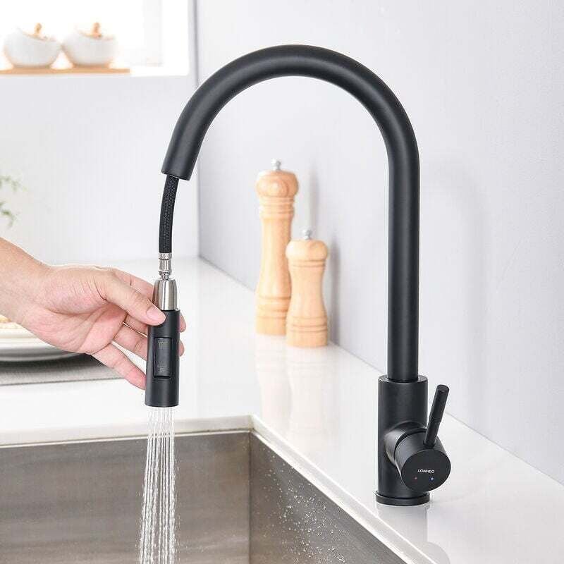 Robinet de Cuisine avec Douchette Extractible Noir mat Rotatif à 360 ° en Acier Inoxydable Mitigeur Cuisine d'Évier 2 Fo...