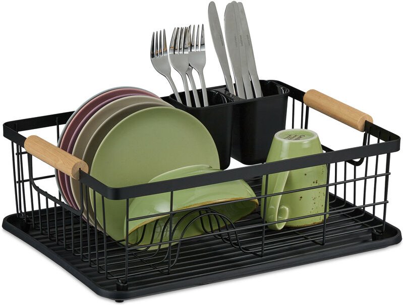 Abtropfgestell, Besteckkorb & Abtropfschale, Geschirrständer Küche, Abtropfgitter, Kunststoff, Metall, schwarz - Relaxda...