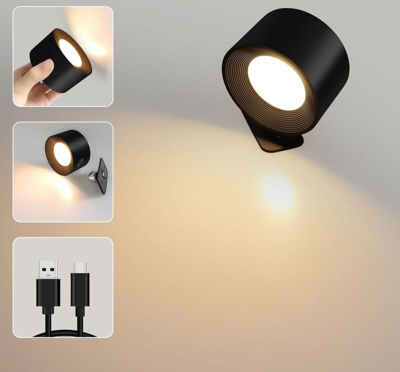Wandleuchte Innen, led Wandstrahler Touch, 3 Helligkeitsstufen 3 Temperatur, mit USB-Ladeanschluss, 360° Drehbar, für Sc...