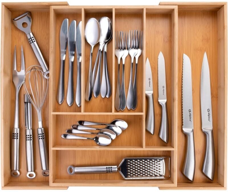 Besteckkasten für Schubladen – Erweiterbarer Küchenschubladen-Organizer 43,5 x 32–52, Besteckaufbewahrung mit 6 bis 8 Fä...