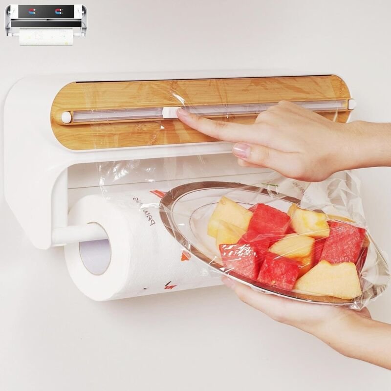 2-in-1 Frischhaltefolienspender mit Schneidevorrichtung, Papierhandtuchrollenhalter, Aluminiumfolienspender und Frischee...