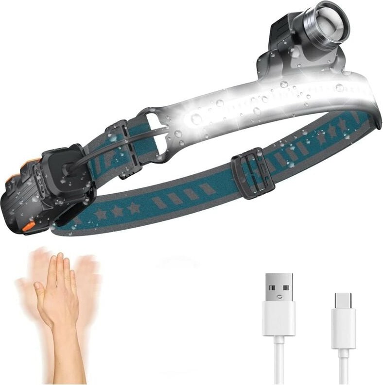 Stirnlampe, 2000 mAh, 7 weiße und rote Modi, wiederaufladbare Stirnlampe, empfindlicher Sensor, IPX5 wasserdicht